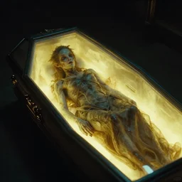 the strange creature, in a glowing coffin, film still from the movie directed by denis villeneuve with art direction by tim hildebrandt