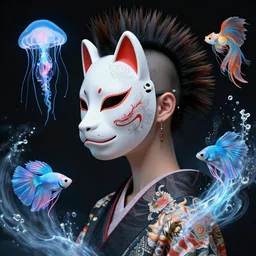 3 d goddess close - up profile portrait punk with mohawk with ram skull. beautiful intricately detailed japanese crow kitsune mask and clasical japanese kimono. betta fish, jellyfish phoenix, bio luminescent, plasma, ice, water, wind, creature