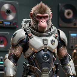 a portrait of a muscular anthropomorphic cyberpunk baboon in spacesuit armor with ensignia on chest plate by sandra chevrier, by jon foster, detailed render, pistol in holster, extremely hyperdetailed, tape deck, epic composition, cybernetics, 4 k realistic, cryengine, realistic shaded lighting, sharp focus, masterpiece, by enki bilal