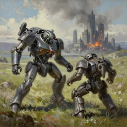 an epic scene of an Atlas battlemech punching a Timberwolf Madcat Battlemech in the scottish plains as a futuristic city smolders in the distance, action scene, illustration, soft lighting, very detailed, painting oil on canvas by Jim Burns by Carl Gustav by Robert McCall, trending on artstation, 4k, 8k, HD