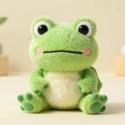 product photography of a cute fuzzy frog plushy