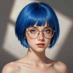 full body portrait of cute young woman with blue pixie cut and glasses, digital illustration, realistic, freckles, confident, goddess, elegant, smooth, sharp focus, hyper detailed