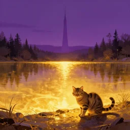 lake filed with molten gold, volume lighting, cat on for ground and purple tower on back ground concept art, by greg rutkowski