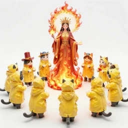 a gathering of yellow raincoat wearing cat magicians summon a fire goddess from the depths of a raging fire pit, flames are emerging from fissures in the ground.