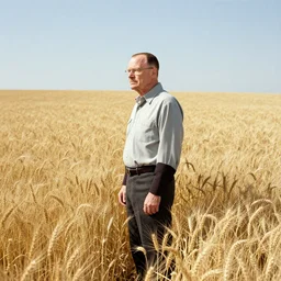 walter white standing in front of gustavo fring in a wheat field, side view, 3 5 mm photograph, 8 k resolution, wide shot, sharp lens