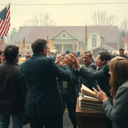 people fighting at real estate auction, cinematic mid shots, high saturation color