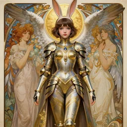 usagi bunny rabbit, rei ayanami, lain iwakura, rei ayanami plug suit, female anime character, 3 d render beeple, realistic detailed painting of a 1 6 - year old girl who resembles millie bobby brown, as an angel with a golden halo wearing intricate, detailed art nouveau armor and silk, by alphonse mucha, ayami kojima amano, charlie bowater, karol bak, greg hildebrandt