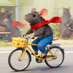 digital painting of a cartoonish rat wearing red scarf and blue pants, it's riding a bike, bike looks like swiss cheese model, fine details by stanley artgerm lau, wlop, rossdraws, james jean, andrei riabovitchev, marc simonetti, and sakimichan, trending on artstation