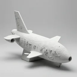 photo of minimalist abstract cubist sculpture of curvy spaceship with random small mecha mayan carvings, covered with few large white airplane parts