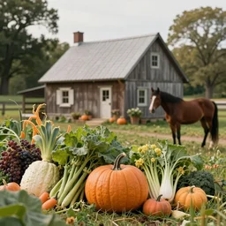 classic gorgeous farm, vegetables, one pumpkin, one horse, cute farmhouse, cinematic, slightly vibrant palette, by lulu chen