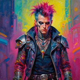 a portrait of an apocalyptic scifi punk rock biker metalhead dude by michael whelan, psychedelic vibrant colors, futuristic punk rock fashion, oil painting by michael whelan art, sharp focus, realistic, highly detailed, 8 k