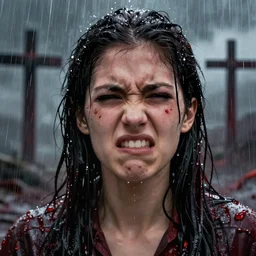 impudent facial expression of a shameless woman, impudent facial expression of shameless woman, atmosphere of bloody rain, cross in the distance,  trending on artstation, highly detailed, digital painting, volumetric light, concept art, sharp focus, illustration