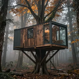 real treehouses, on stilts, made of staked container with glass windows, modernist, mysterious dense forest, autumn lights, misty, smoky atmosphere, photorealism, sharp details, some rays of light, cgsociety, masterpiece, hyper - detailed, hd, hdr, 8 k, by ruan jia, michael komarck, greg rutkowski