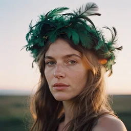 An analog head and shoulder frontal face portrait photography of a freckled woman wearing an intricate green feathers crown by Annie Leibovitz. soft hair. Looking at the camera. soft gradient pastel color background. Golden hour light. Kodak Color Plus 200 film. Icelandic mood. detailed. hq. realistic. Rembrandt light style. swirly bokeh. warm light. muted colors. lens flare. photoreal. Leica M9.