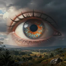 a giant eye, beautiful landscape, dramatic lighting, cinematic, establishing shot, extremly high detail, photorealistic, cinematic lighting, post processed, concept art, artstation, matte painting, style by greg rutkowsky