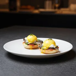 food photography, michelin star food, best chef, sea bass, plate art of eggs benedict minimalistic side view high bokeh, cinematic studio lighting