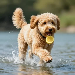 a golden doodle chasing sliced lemons under water, style of national geographic
