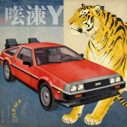 a red delorean and a yellow tiger body, painting by hsiao - ron cheng & utagawa kunisada, magazine collage style,
