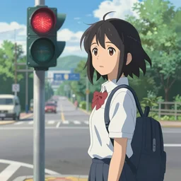 at the end of the world, a high school girl standing on road waiting at traffic light, highly detailed, deep focus, elegant, digital painting, smooth, sharp focus, illustration, ultra realistic, 8 k, art by makoto shinkai and takashi takeuchi