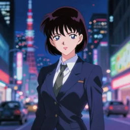blurry and dreamy character illustration of a realistic character from 8 0 s horror anime, vampire woman with short hair wearing dress suit with tie, satoshi kon anime, character design by yoshitaka amano and junji ito, glitchy vhs tape, night tokyo in the background, perfect blue color palette, noisy film grain effect, blurry image