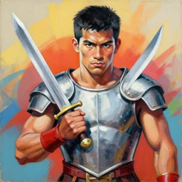 greg manchess portrait filipino fighter struck in chestplate with a sword, organic painting, sunny day, matte painting, bold shapes, hard edges, street art, trending on artstation, by huang guangjian, gil elvgren, ruan jia, randy vargas, greg rutkowski