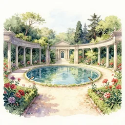 isomeric view, delicate lake in a botanic garden, garden road, sparrows, temple in a botanical herbarium paper, watercolor colored painting, iridescent colors, 8 k, realistic shaded, fine details, artstation, italian style, colonnade, flowers, architecture, roma