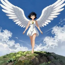 official anime art of winged valkyrie descending upon a hill, trending