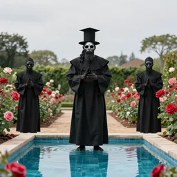 papa legba being being worshipped by a haitian death cult wearing black robes in a rose garden with a reflective pool, by Zdzislaw Beksinski and greg rutkowski and android jones and thomas kinkade in a surreal cyberpunk voodoo style, oil on canvas, 8k, hd,