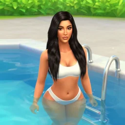 kim kardashian as a character from the sims, in a swimming pool with no ladder