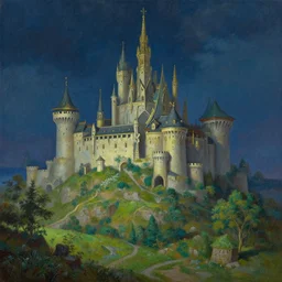 extremely detailed landscape oil painting of Hyrule Castle at night, 4K, trending on ArtStation by Greg Rutkowski