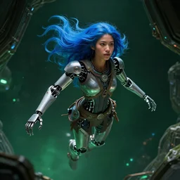 concept art of beautiful futuristic himba girl with robotic arms and blue hair floating in a dark green space station, hyperrealistic, sci - fi