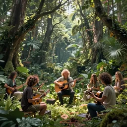 a post - singularity solarpunk harmonic green lush overgrown forest world in which the ai ’ s highest goals is to induce the utmost state of happiness to its people by creating and playing music