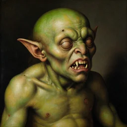 stinky little man with green skin, sharp teeth, and many open wounds, renaissance painting