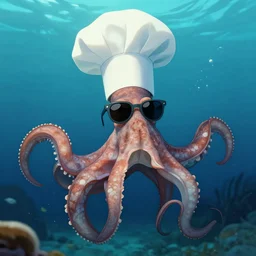cephalopod, chef hat on head, wearing sunglasses, under water, 8 k, art station, greg rutkowski, annie liebovitz, roger deakins