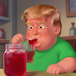 fat little ginger donald trump, wearing green shirt, drinking red jelly from huge jar, in a room, very closeup, headshot, concept art, artstation, disney, pixar, dreamworks, tyler edlin, feng zhu, jparked, thomas karpi