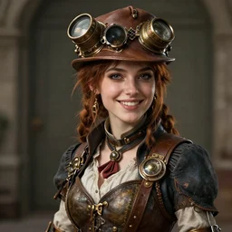 smiling steampunk girl portrait, realistic, 8 k, extremely detailed, cgi, trending on artstation, hyper - realistic render, 4 k hd wallpaper, premium prints available, by greg rutkowski