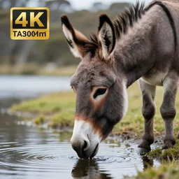 close up photo of a donkey, drinking water from a lake in tasmania, bokeh, 4 0 0 mm lens, 4 k award winning nature photography