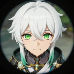 white - haired young guy with green eyes, anime portrait, genshin impact, kenzo tenma, very close shot, fisheye