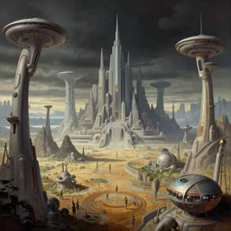 an epic horrifying fantastic hyperdetailed matte painting beautiful retro sci fi landscape, by moebius by geoff darrow by dan mumford