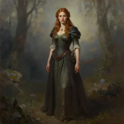 a full body high detail fantasy portrait oil painting illustration of a single aesthetic beautiful female bard by justin sweet with face and body clearly visible, in a scenic background, pretty eyes, realistic proportions, d & d, rpg, forgotten realms, artstation trending, high quality, sombre mood, artstation trending, muted colours, entire person visible!