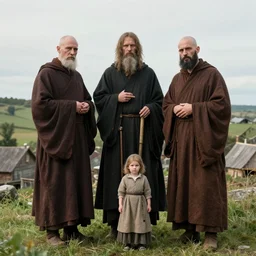 super tall breton monks looking like rasputin, with small village woman
