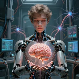 symmetric, a dreamy male android holding a brain and neurons, in a room full of wires and computers and neural networks, realistic face, sci - fi, ai, 4 k realistic, artem demura. alphonse mucha.