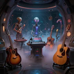 strange surrealist detailed alien electronic-musical-instruments!! and acoustic-musical-instruments!! with blinking LEDs, backlit fog, space station lounge setting, photorealistic, studio lighting, 8k, hd