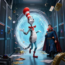 the third first image on the scattered absurdity server, dr seuss, and dr strange, very pretty, photorealistic, portal hopping and time warping with reckless abandon, octane, vray, by Greg rutkowski, Jacek Yerka, Dan Mumford
