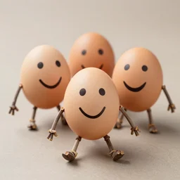 eggs with happy faces on them. they have arms and legs made of twigs.