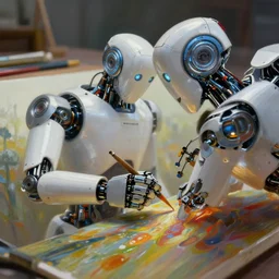 a robot oil paiting a picture, shallow depth of field, dramatic lighting, 4 k, maximalism, hyper detailed, prefection, trending on artstation, digital paiting, octane render, unreal engine