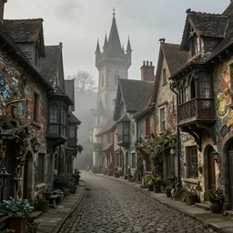 a gothic dickensian village, art nouveau, baroque winding cobbled streets, style of arcane, magic the gathering, misty alleyways, tiled roofs, balconies, medieval tumbledown houses, st cirq lapopie, by ian mccaig, brian froud and mucha and alan lee