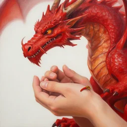a beautiful realistic painting of a person in the hands of a giant red dragon, intricate, elegant, highly detailed, digital painting, artstation, concept art, by krenzcushart, artem demura, alphonse mucha