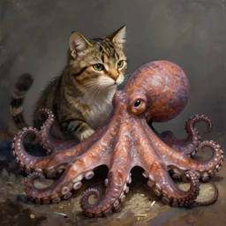 the unholy merging of a cat and octopus, digital painting, matte finish, detailed