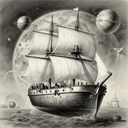 ship on an alien planet, 1 9 th century charcoal and pencil drawing